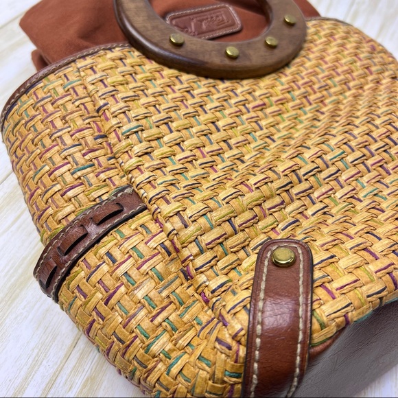 Fossil Woven Wood Handle Leather Detailed Hand Bag w/ Multi Color InnerWoven - Picture 6 of 17